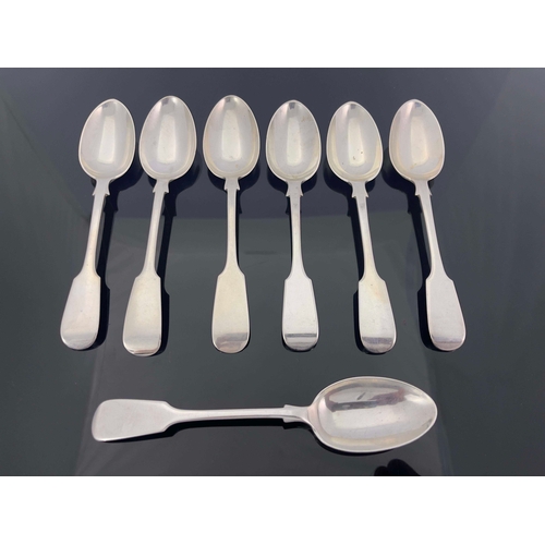 126 - A matched set of seven Victorian and Edwardian silver dessert spoons, London and Sheffield makers, F... 