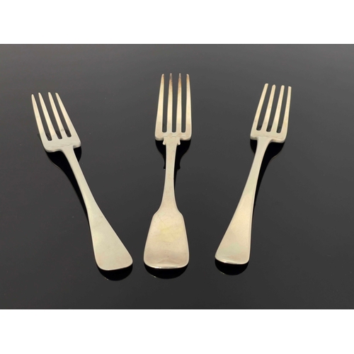 138 - Three George III and later silver dinner forks, Reid and Son, Newcastle 1830, William Marshall, Edin... 