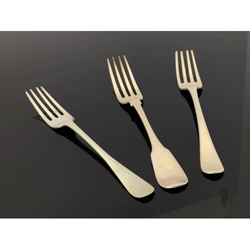 138 - Three George III and later silver dinner forks, Reid and Son, Newcastle 1830, William Marshall, Edin... 