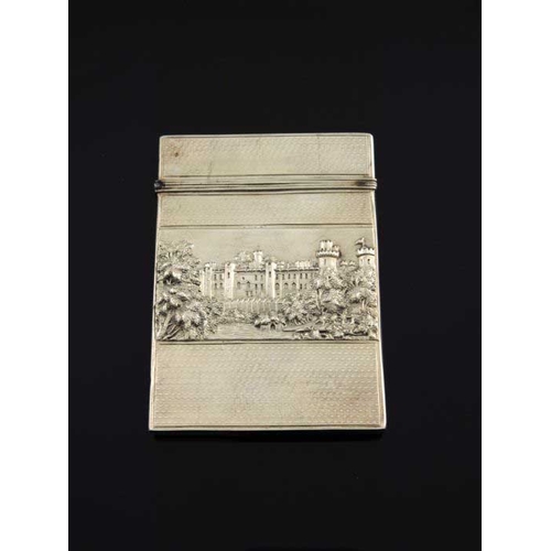 168 - A Victorian silver castle embossed card case, Nathaniel Mills, Birmingham 1851, rectangular with eng... 