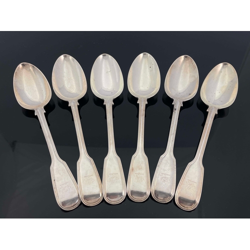 204 - A set of six William IV and Victorian silver table spoon, Mary Chawner, London 1836 and 1839, Fiddle... 