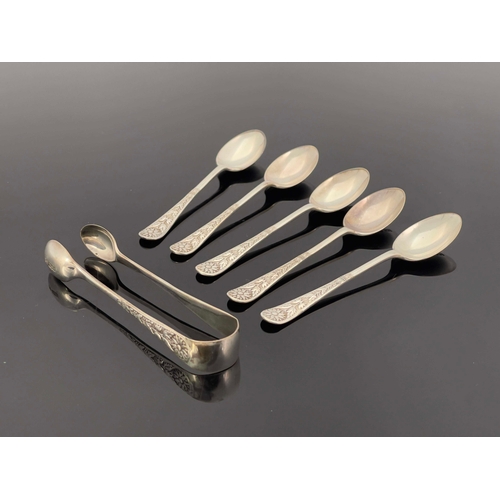 223 - A part set of Aesthetic Movement silver teaspoons and sugar tongs, William Gallimore and Son, Sheffi... 