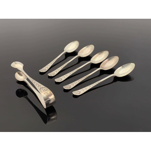 223 - A part set of Aesthetic Movement silver teaspoons and sugar tongs, William Gallimore and Son, Sheffi... 