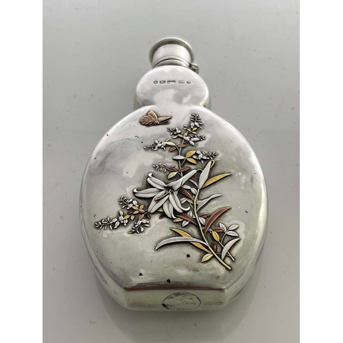 224 - An Aesthetic Movement silver and mixed metal overlay spirit flask, Frederick Elkington, London 1884,... 