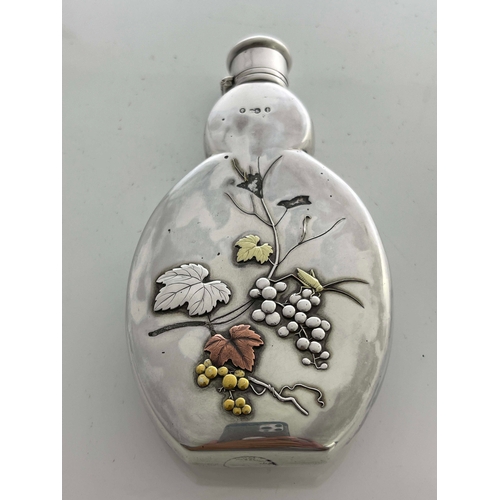 224 - An Aesthetic Movement silver and mixed metal overlay spirit flask, Frederick Elkington, London 1884,... 