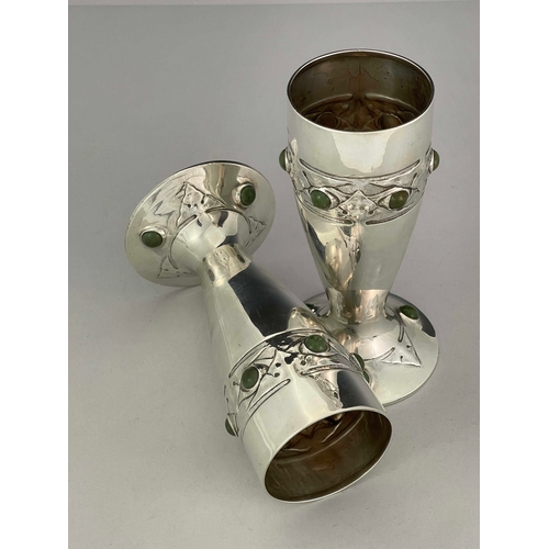 239 - Archibald Knox for Liberty and Co., a pair of Arts and Crafts Cymric silver and cabochon set vases, ... 