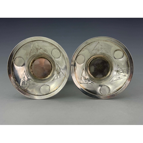 239 - Archibald Knox for Liberty and Co., a pair of Arts and Crafts Cymric silver and cabochon set vases, ... 