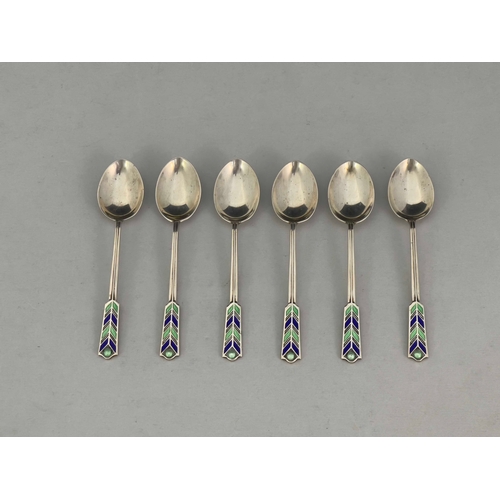 254 - A set of six Art Deco silver and enamelled teaspoons, Turner and Simpson, Birmingham 1931, arrow for... 