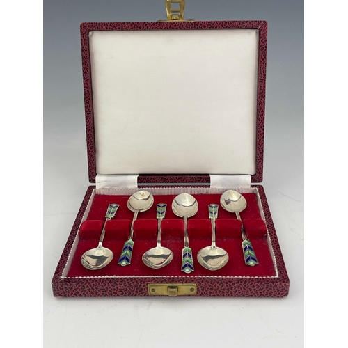 254 - A set of six Art Deco silver and enamelled teaspoons, Turner and Simpson, Birmingham 1931, arrow for... 