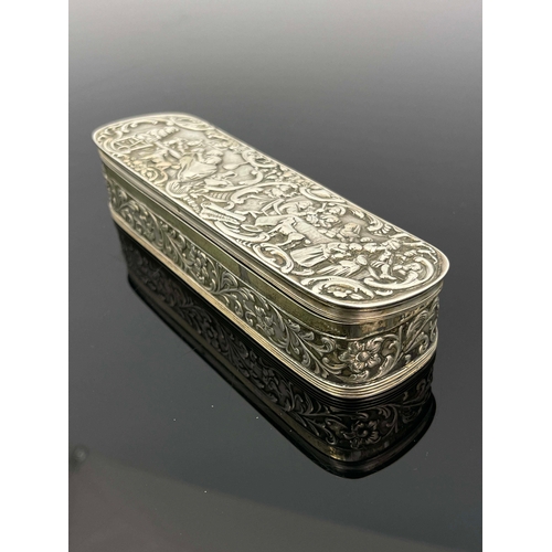 18 - A Dutch silver tobacco box, 1910, oblong rounded form, the lid embossed with tavern scenes within C ... 