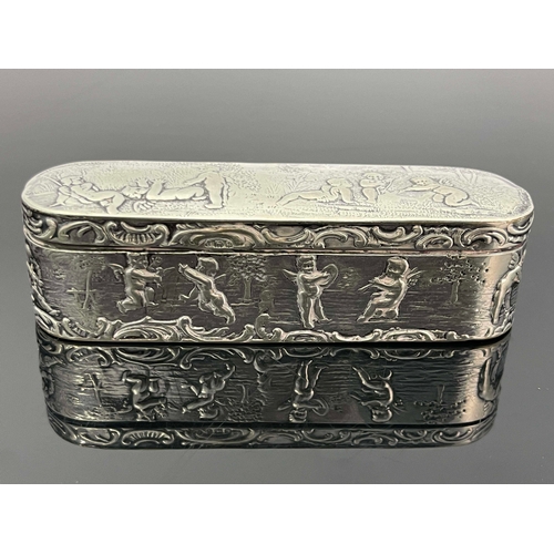 24 - A Dutch silver snuff box, rounded oblong form, the hinged lid and base embossed with putti within C ... 