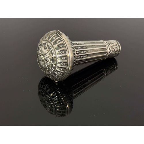 27 - A French silver combination parasol handle compact or patch box, fluted with laurel husk and acanthu... 