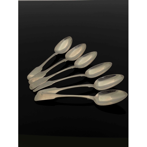 53 - A set of six Provincial silver dessert spoons, John Stone, Exeter 1836, Fiddle pattern, 18cm long, 7... 