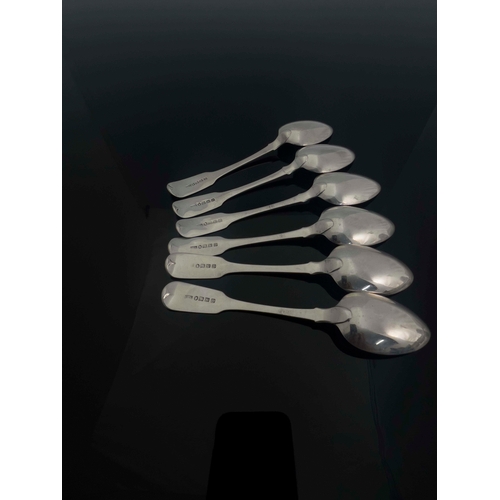 53 - A set of six Provincial silver dessert spoons, John Stone, Exeter 1836, Fiddle pattern, 18cm long, 7... 