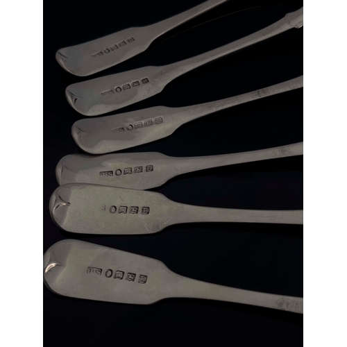 53 - A set of six Provincial silver dessert spoons, John Stone, Exeter 1836, Fiddle pattern, 18cm long, 7... 