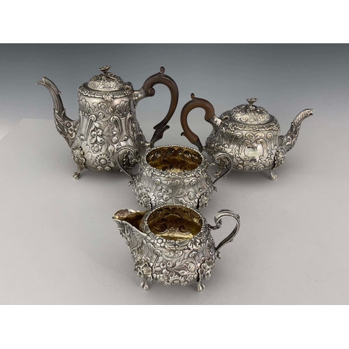 59 - A George IV silver four piece tea and coffee set, J Whitehouse, London 1825, pear shaped baluster fo... 