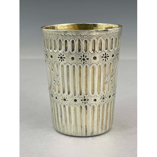 60 - A Victorian silver beaker in a leathered case, Andrew Crespel & Thomas Parker, London 1866, chased d... 