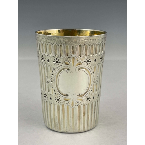 60 - A Victorian silver beaker in a leathered case, Andrew Crespel & Thomas Parker, London 1866, chased d... 