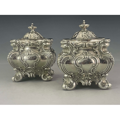 67 - A pair of Victorian silver tea caddies, Hawkesworth, Eyre & Co, Sheffield 1846, cubed form with roco... 