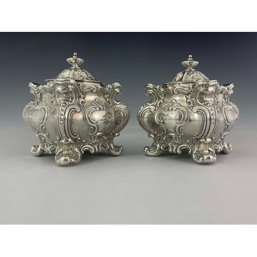 67 - A pair of Victorian silver tea caddies, Hawkesworth, Eyre & Co, Sheffield 1846, cubed form with roco... 