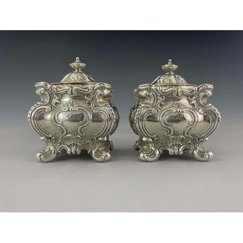 67 - A pair of Victorian silver tea caddies, Hawkesworth, Eyre & Co, Sheffield 1846, cubed form with roco... 