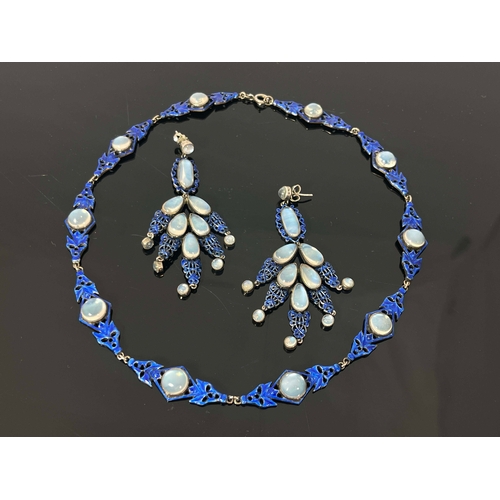 303 - Sibyl Dunlop, an Arts and Crafts silver, enamelled and moonstone necklace and earring set, the retic... 