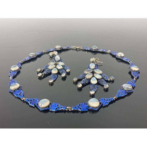 303 - Sibyl Dunlop, an Arts and Crafts silver, enamelled and moonstone necklace and earring set, the retic... 