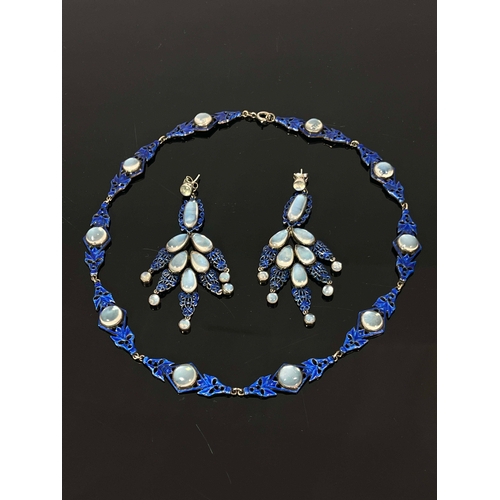 303 - Sibyl Dunlop, an Arts and Crafts silver, enamelled and moonstone necklace and earring set, the retic... 