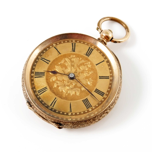 313 - A 14 carat gold fob watch, chased case and gilt dial with Roman numerals