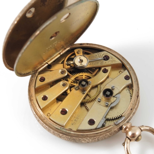 313 - A 14 carat gold fob watch, chased case and gilt dial with Roman numerals