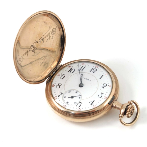 314 - A golf plated hunter pocket watch, the white enamel dial with subsidiary seconds dial, marked Illino... 