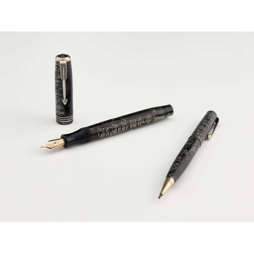 322 - Parker, a Vacumatic fountain pen and pencil, circa 1944, laminated Grey Pearl iridescent stripe, chr... 