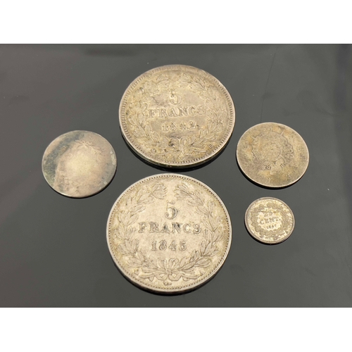 343 - French silver coins, Napoleon, 1 Franc 1811; Louis Philippe I, 5 Francs 1842, 1845, 25 Centimes 1847... 