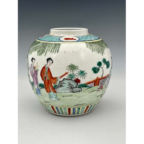 365 - A Chinese famille verte ginger jar, Qing, 19th century or earlier, ovoid shouldered form, painted in... 