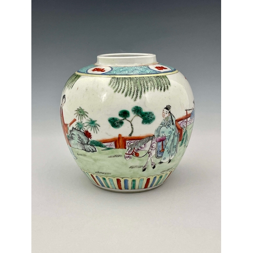 365 - A Chinese famille verte ginger jar, Qing, 19th century or earlier, ovoid shouldered form, painted in... 