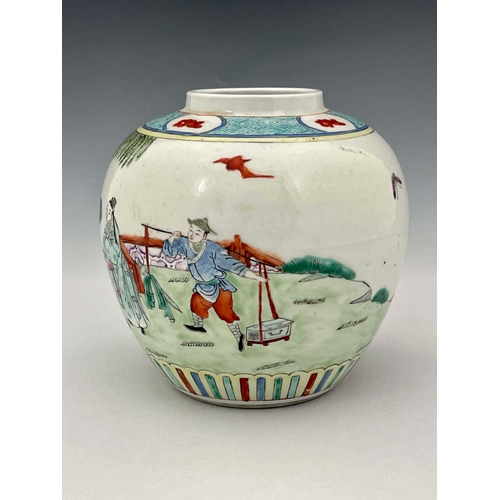 365 - A Chinese famille verte ginger jar, Qing, 19th century or earlier, ovoid shouldered form, painted in... 