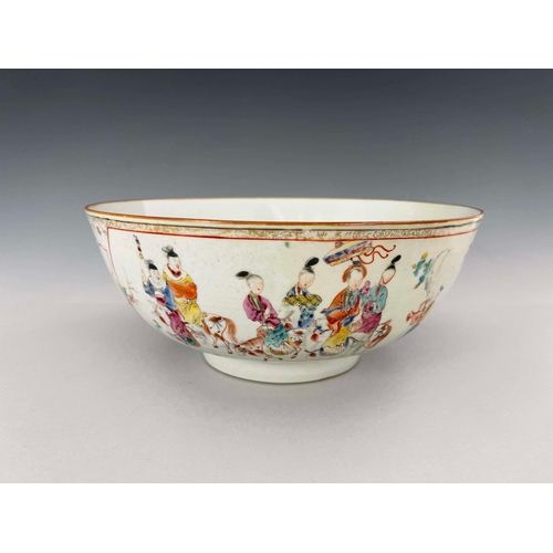 367 - An 18th Century Chinese sideboard bowl, cafe au lait rim, famille rose decoration with seated smilin... 