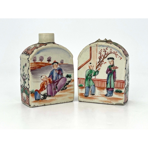 371 - A pair of Chinese famille rose tea caddies, 18th century, shouldered cuboid form, painted with Manda... 