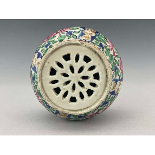 372 - A Chinese famille rose reticulated vessel or pomander, ovoid form with integrated pierced platform c... 