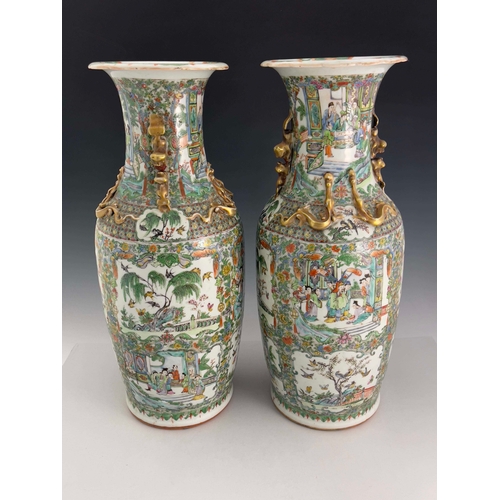 378 - A pair of large Chinese baluster vases, 19th Century, flared openings, gilt zoomorphic twin handles ... 