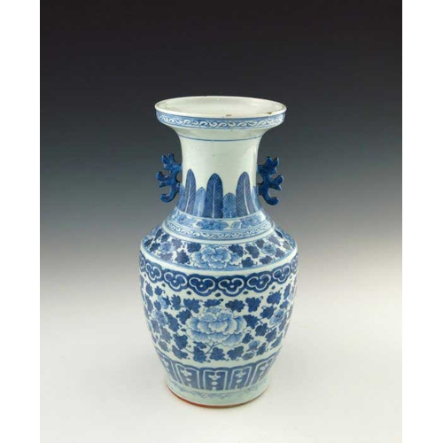 389 - A 19th Century Chinese provincial blue and white baluster vase, two-dimensional beast handles, the b... 