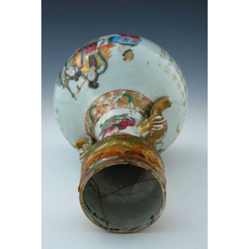 390 - A 19th Century Chinese vase, cylindrical neck, gilt elephant trunk twin handles, the body painted wi... 