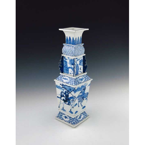 394 - A 19th Century Chinese blue and white pagoda vase, of tiered and tapered square section, painted wit... 