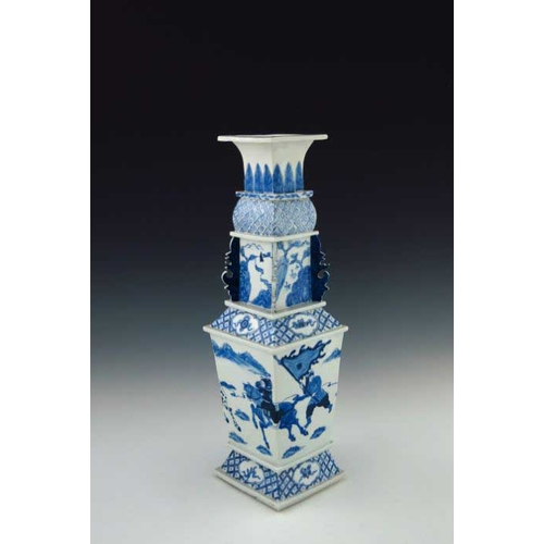 394 - A 19th Century Chinese blue and white pagoda vase, of tiered and tapered square section, painted wit... 