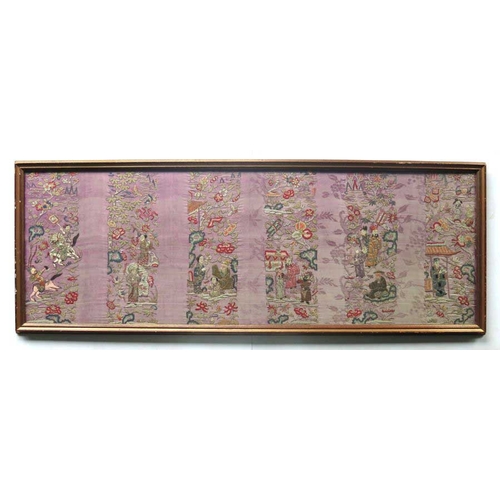 401 - A Chinese silk embroidered panel, purple damask backing with vertical strips of figural garden and l... 