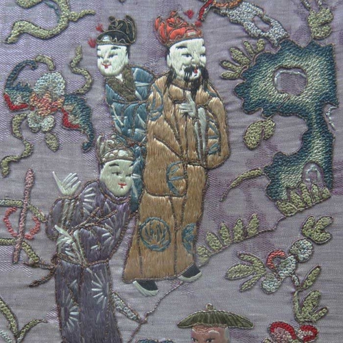 401 - A Chinese silk embroidered panel, purple damask backing with vertical strips of figural garden and l... 