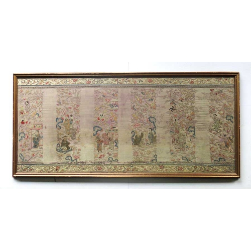 402 - A Chinese silk embroidered panel, purple damask backing with vertical strips of figural garden and l... 