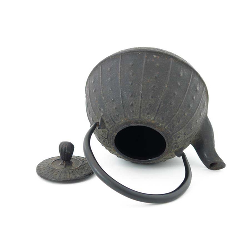 409 - A Japanese cast iron tea pot, 19th Century, of lobed ovoid form, loop handle, cast two character mar... 