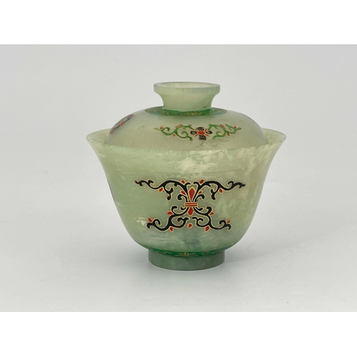 414 - A Chinese pale jade covered rice bowl, footed cover, the main vessel of slightly flared form, enamel... 