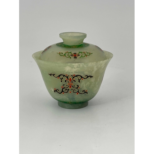 414 - A Chinese pale jade covered rice bowl, footed cover, the main vessel of slightly flared form, enamel... 